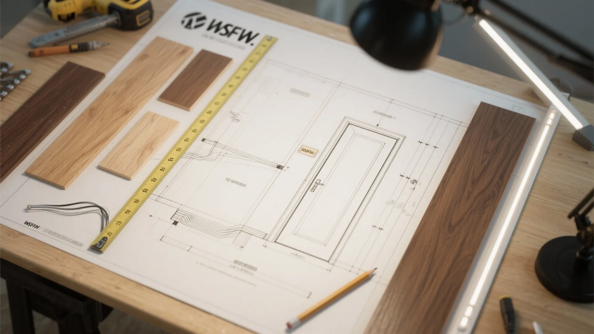 Interior design drawing of a door displayed on a wooden desk with samples and tools