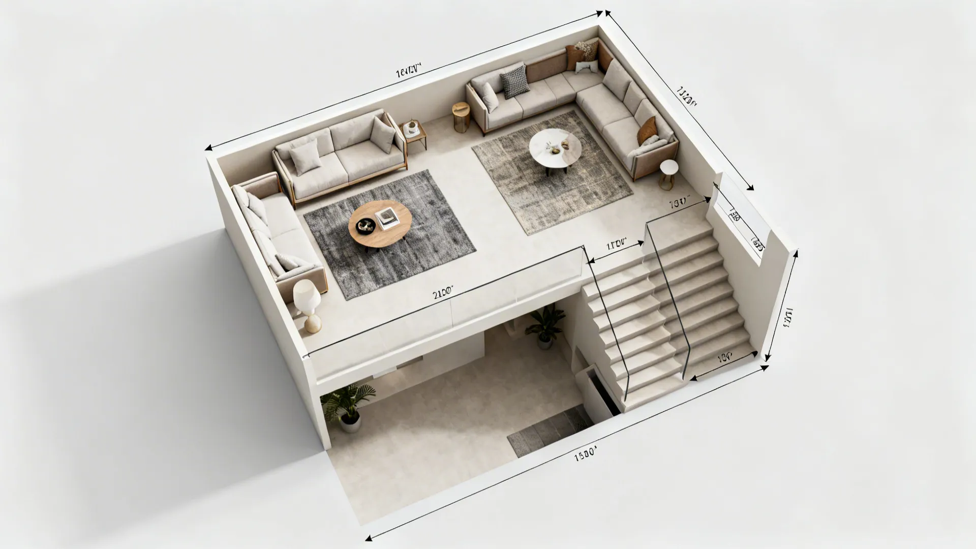 Top-down plan of a small split-level living room showing circulation and zone layouts.