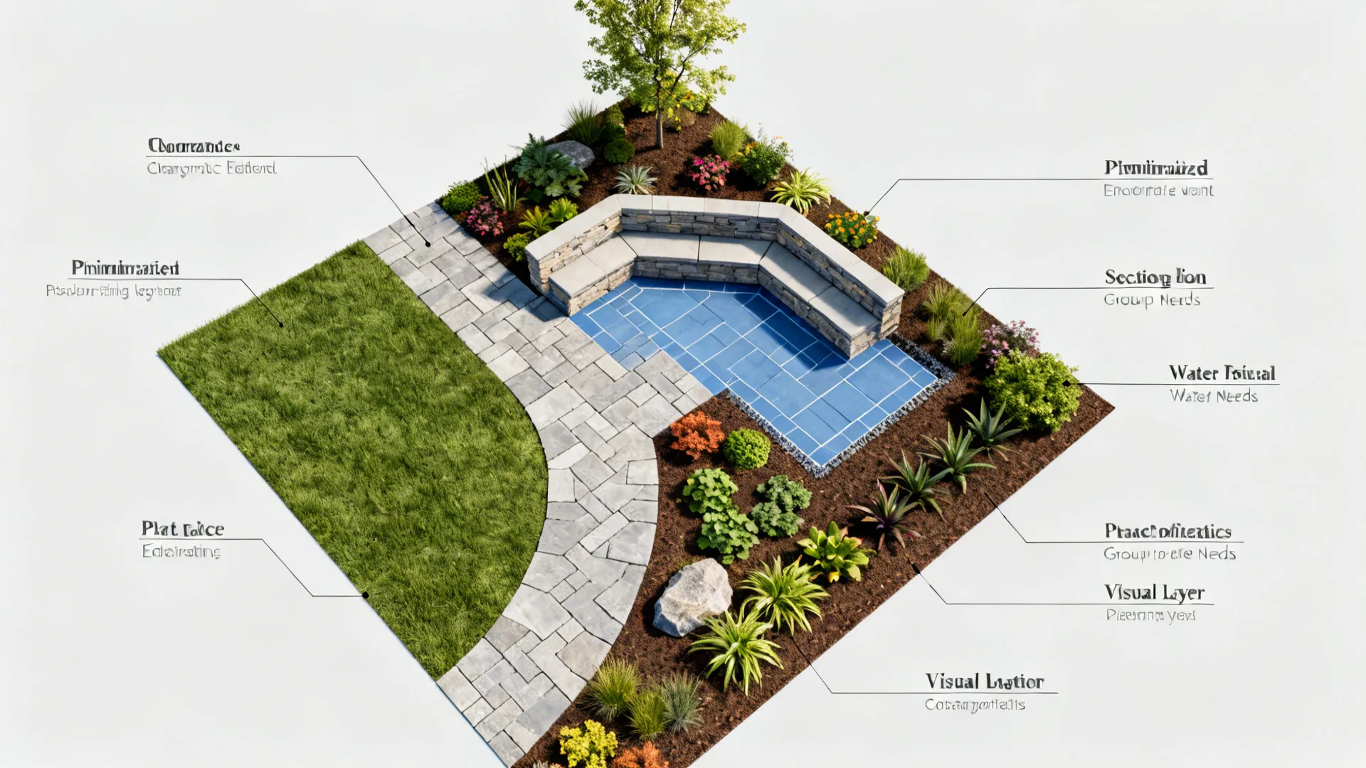 Top-down mockup of a small yard plan prioritizing path and seating with phased planting zones
