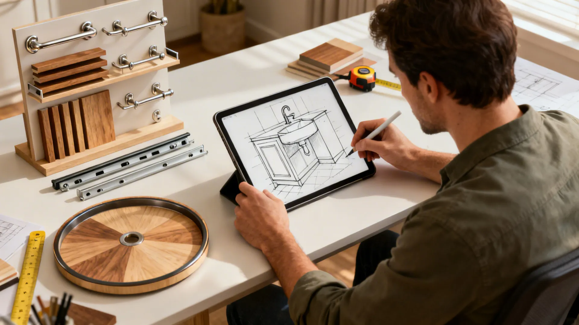 Designer planning under-sink cabinet layout with tablet, samples and hardware on a workspace.