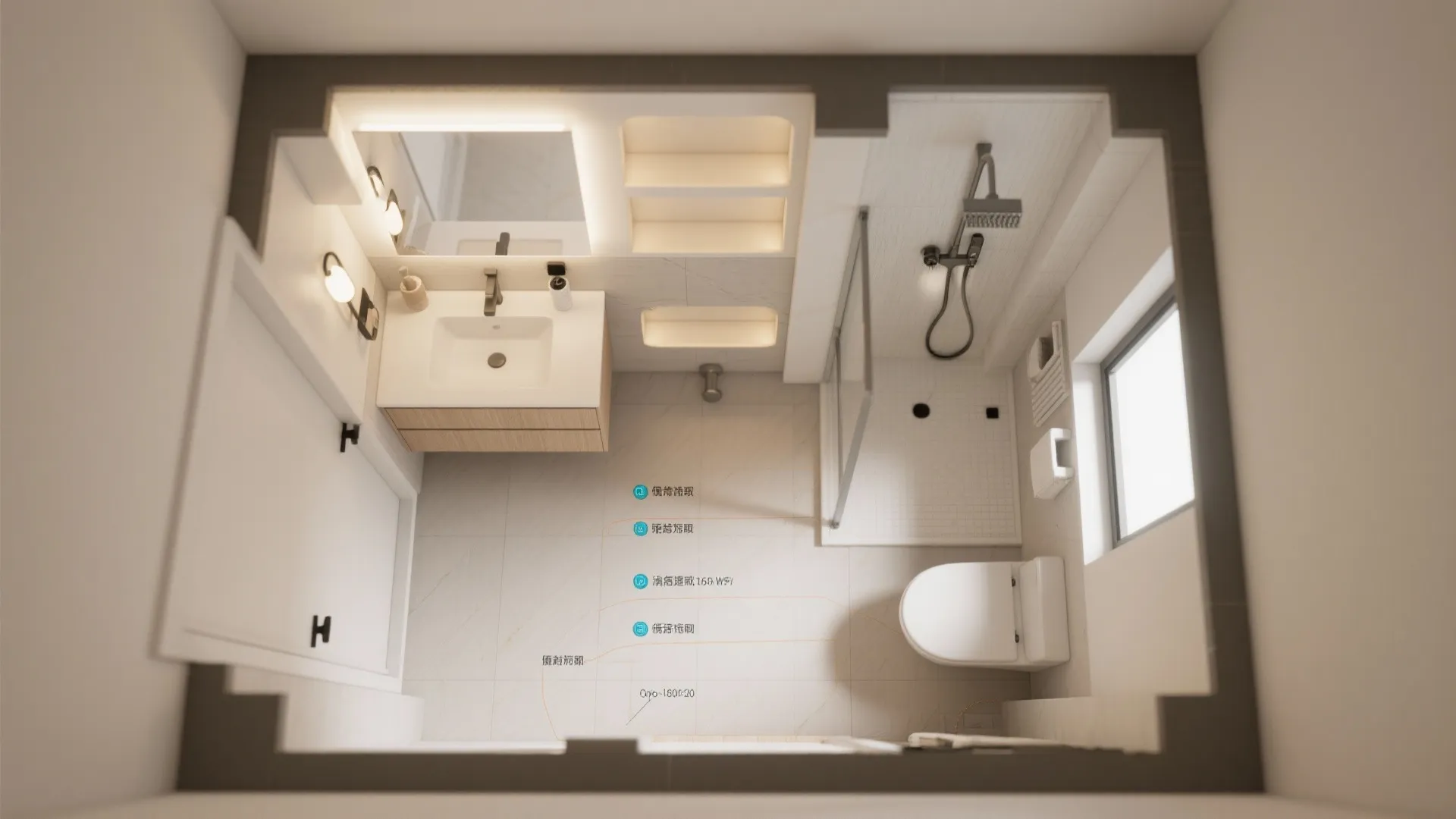 Top-down plan visualization of a tiny bathroom showing fixture placement, clearances and prioritized elements