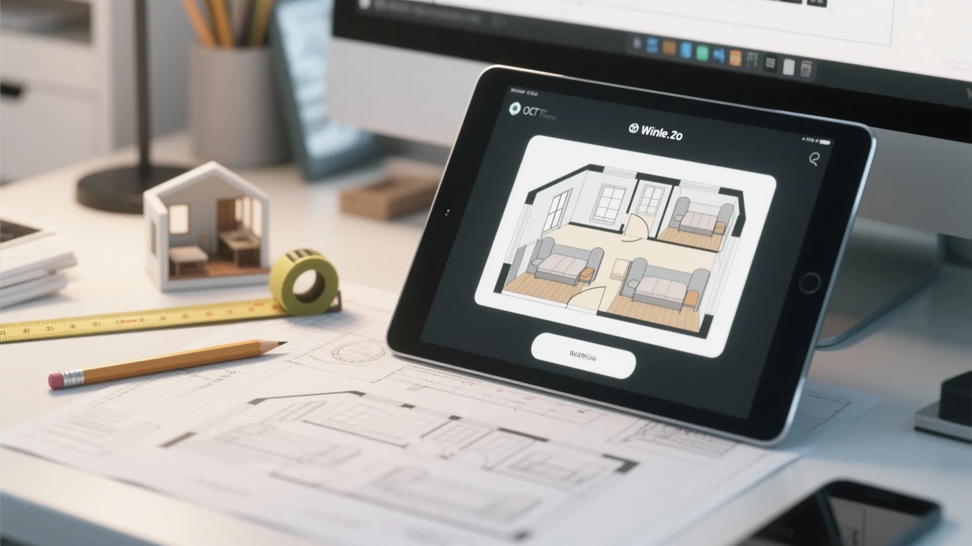 Workspace with scale drawings, tablet floor planner, and model used to design two-bedroom tiny house layouts