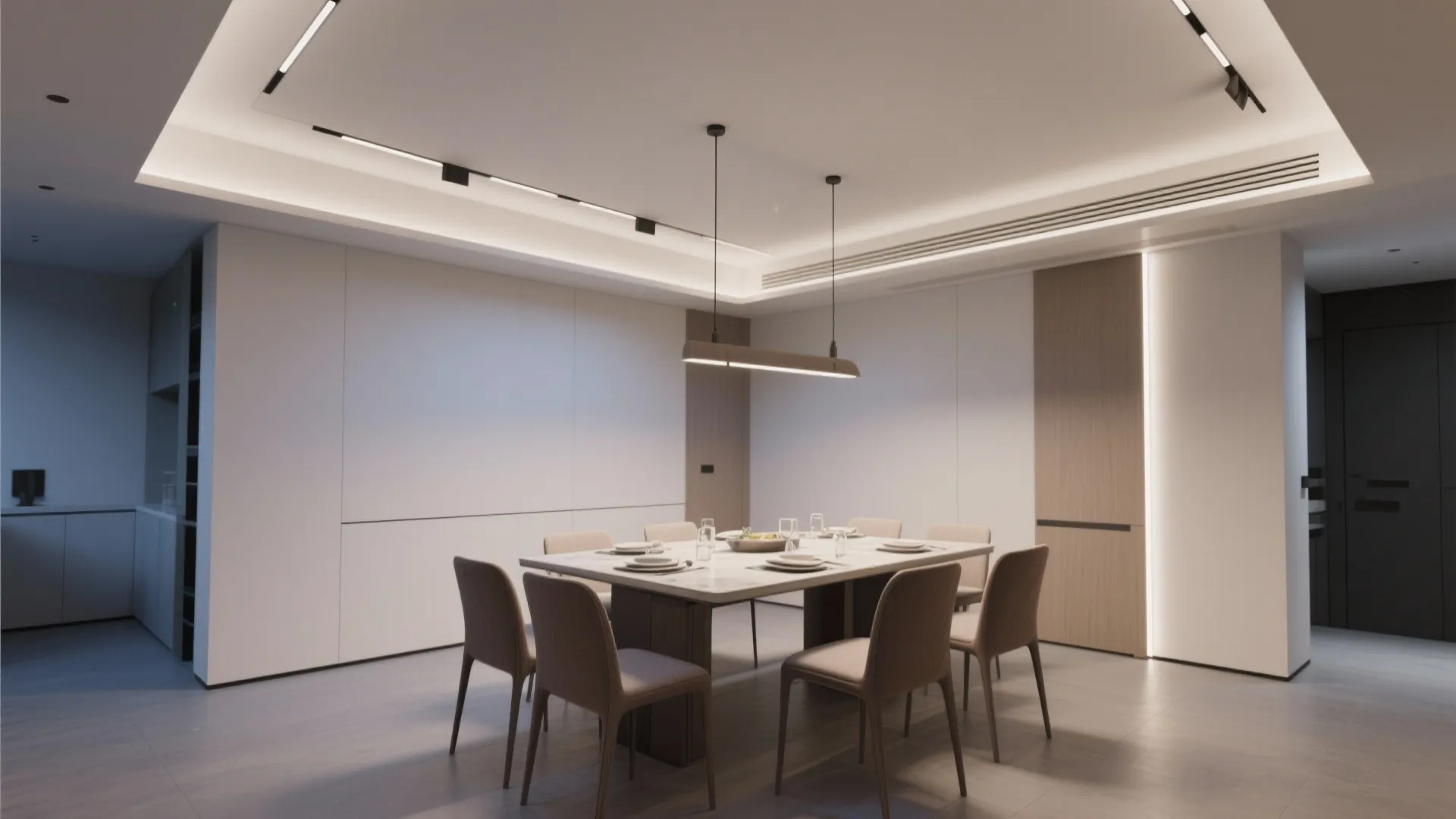 Modern dining room with a large table six chairs minimalist white walls and integrated ceiling lights