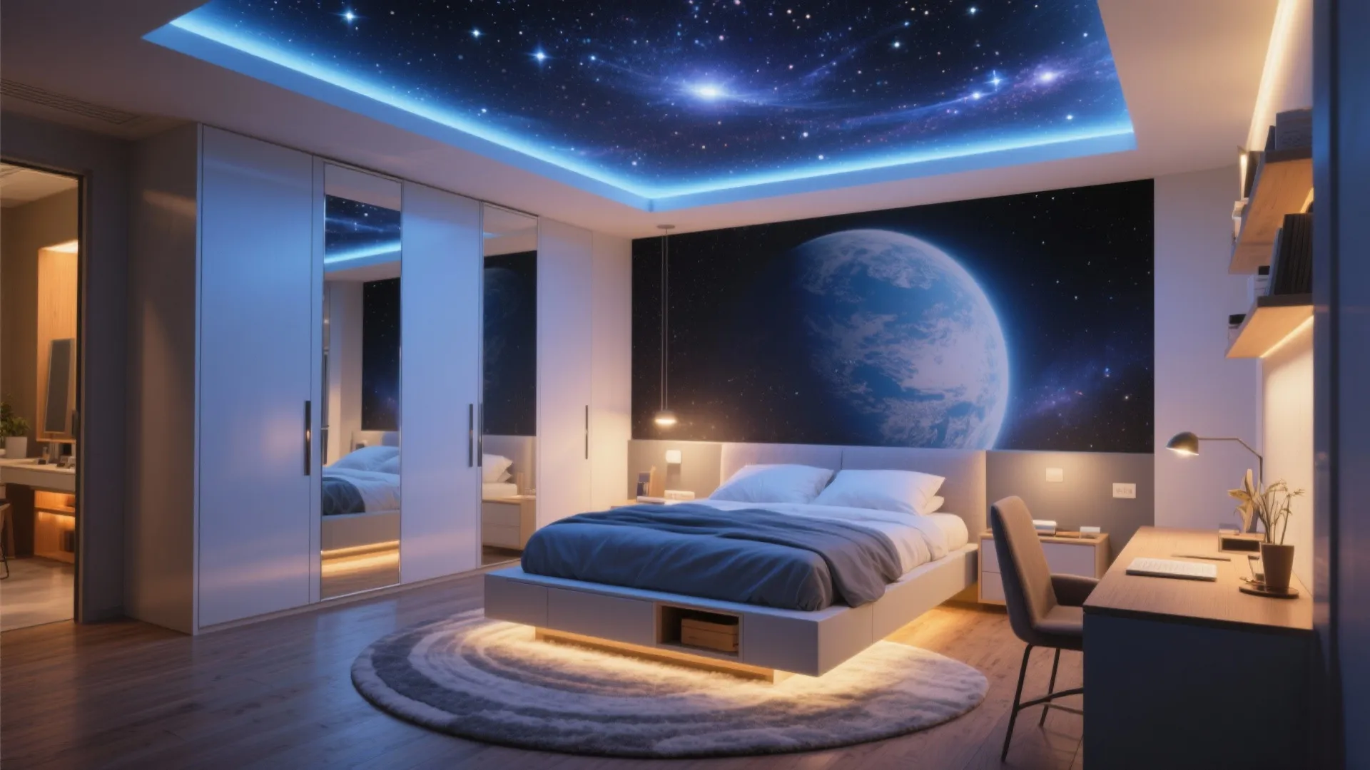 Bedroom featuring blue galaxy ceiling light earth mural desk white wardrobe and glowing bed frame