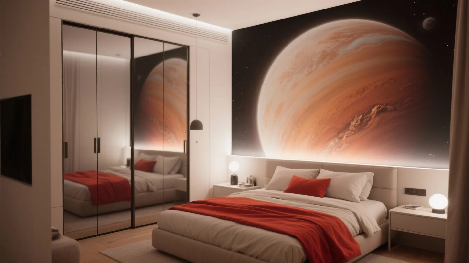 Modern bedroom with large planet mural behind bed orange blanket mirrored wardrobe and small table lamps