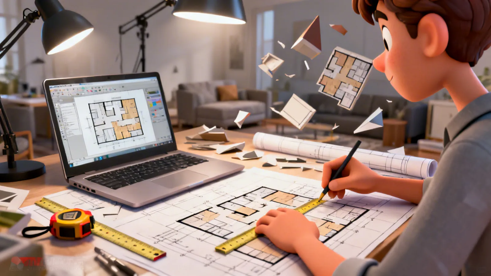diseñador trabajando en la planificación de distribución de un apartamento