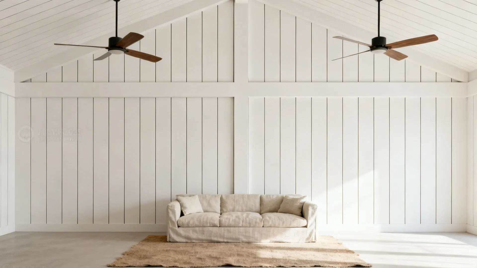 Slim beam-and-plank ceiling texture with two aligned ceiling fans in a Scandinavian room.