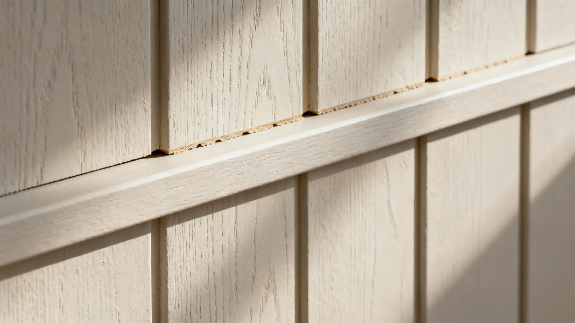 Close-up of painted tongue-and-groove plank joint with slim beam edge and matte finish.