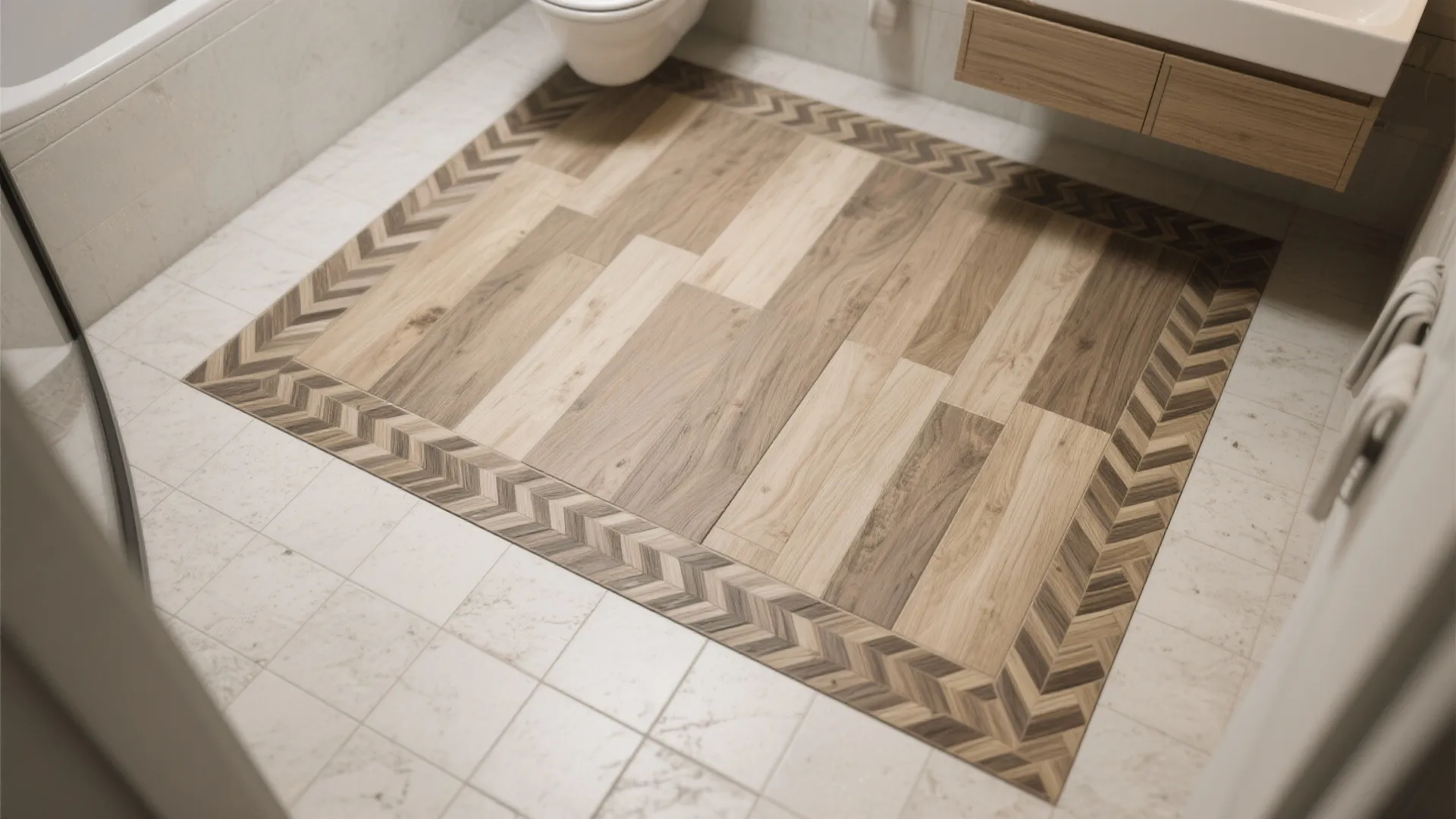 Modern bathroom floor design with wood pattern tile inlay surrounded by white stone floor tiles