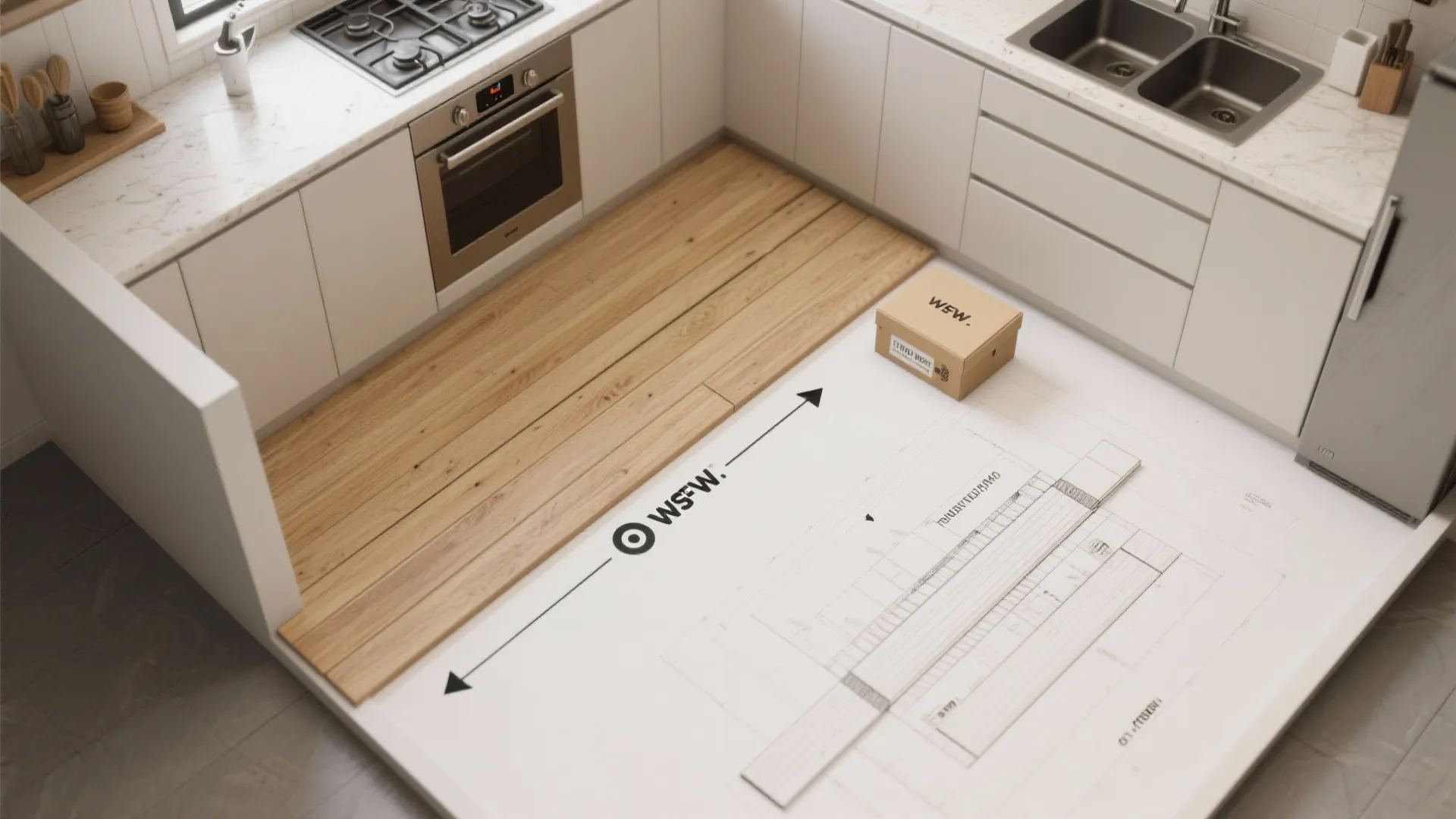 Top-down diagram of planks laid parallel to the longest wall to visually elongate a small kitchen.