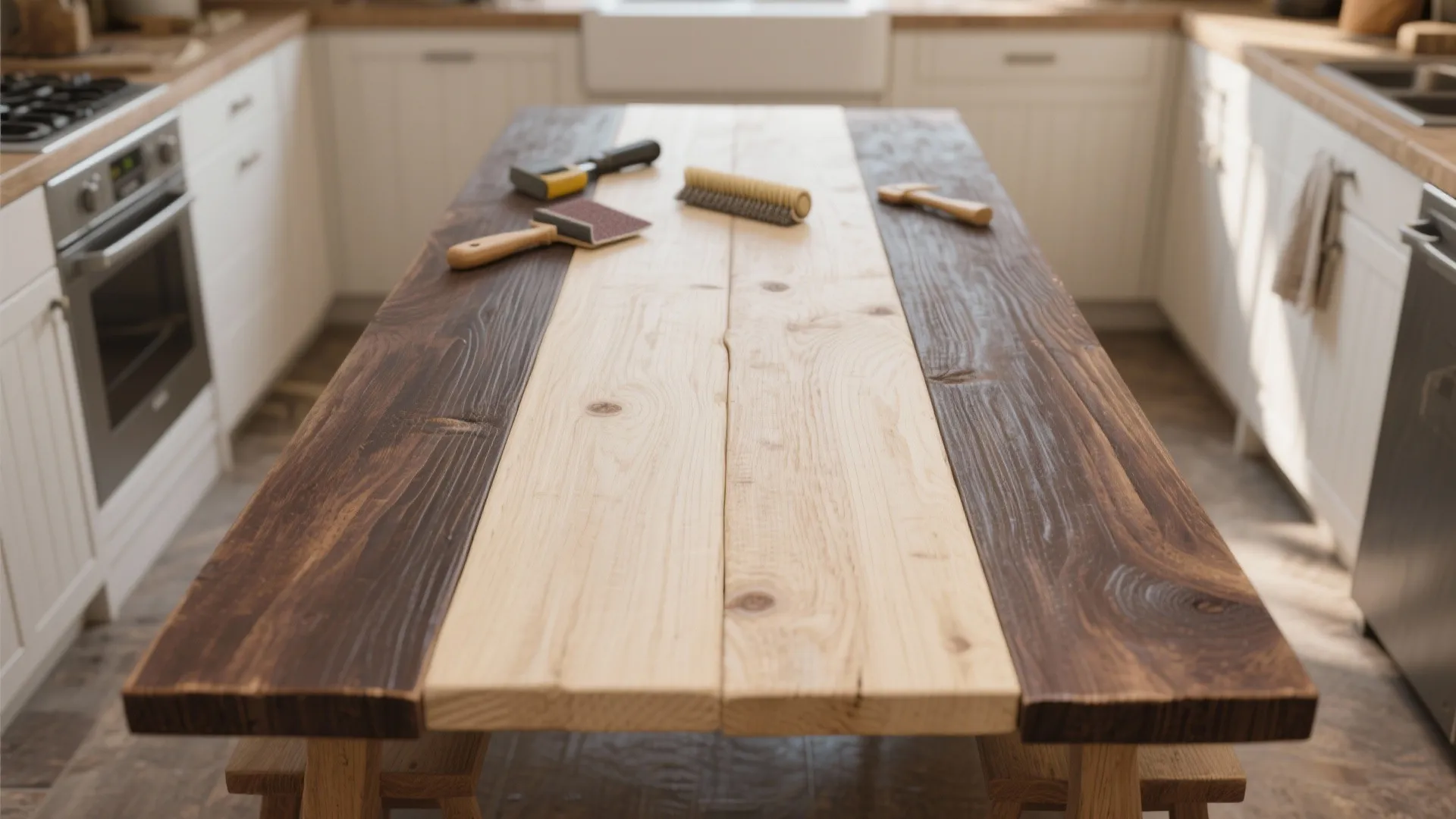 3. Contrasting stain ends (two-tone plank table)