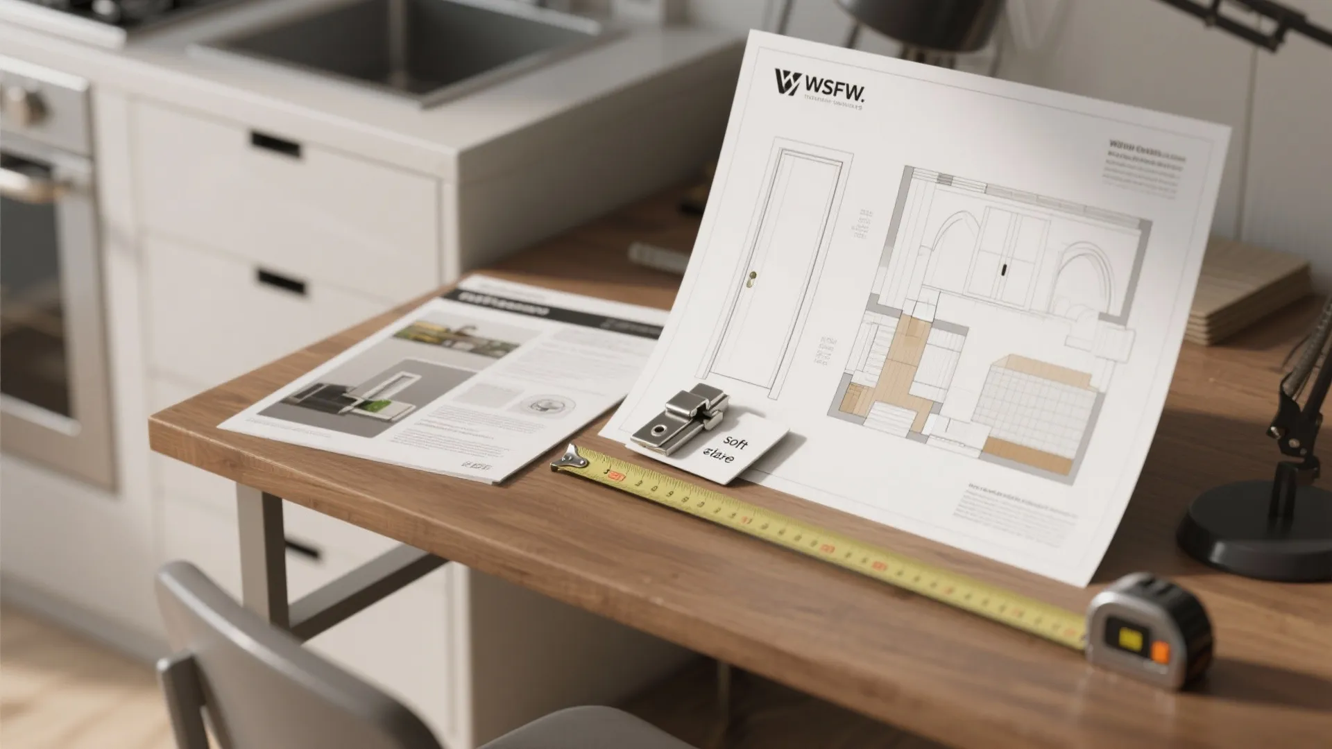 Designer desk with room planner mockup, hinge sample card, and tape measure for checking door clearance.
