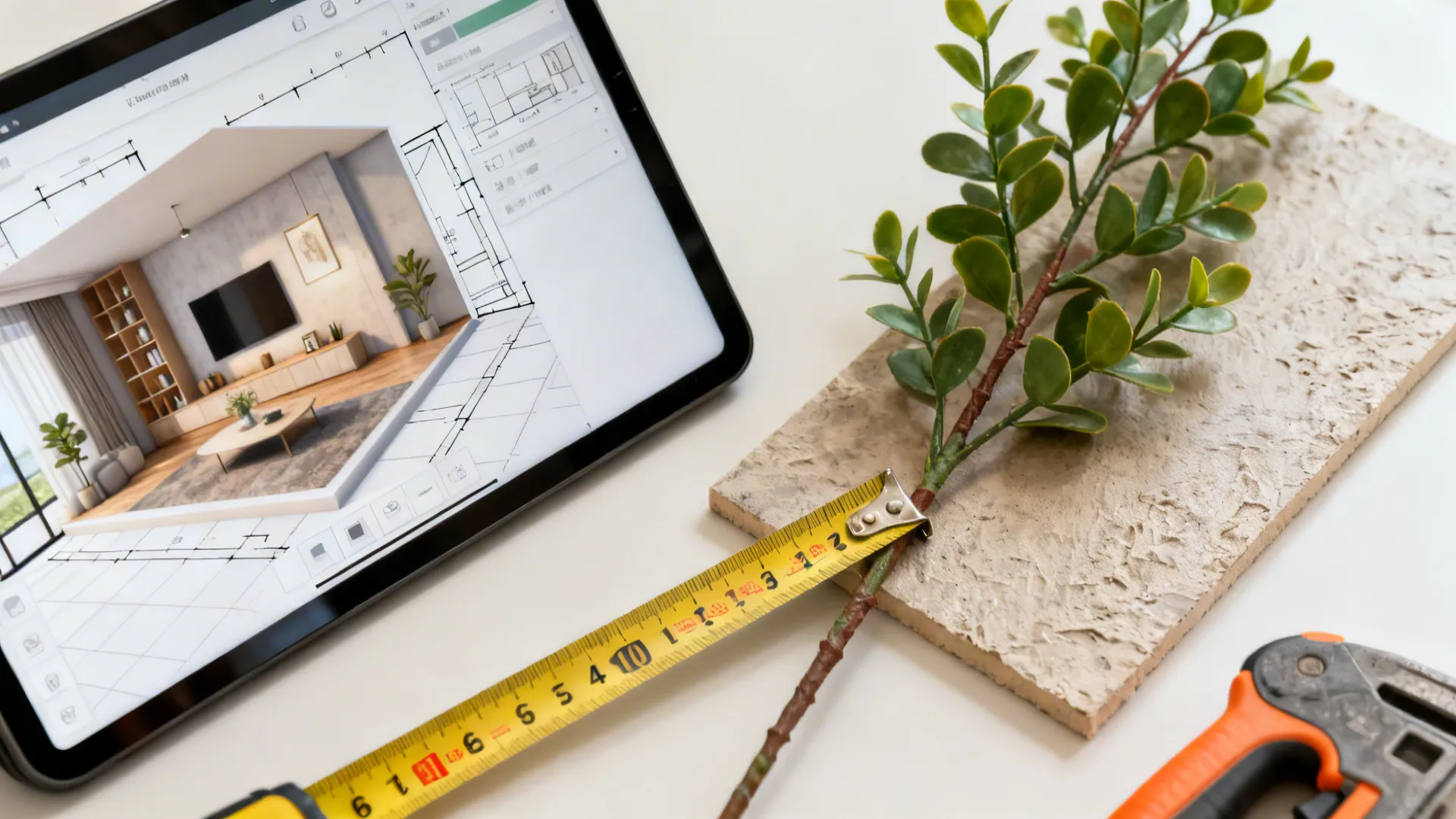 3D room planner beside measuring tools and an artificial plant sample for scale testing.