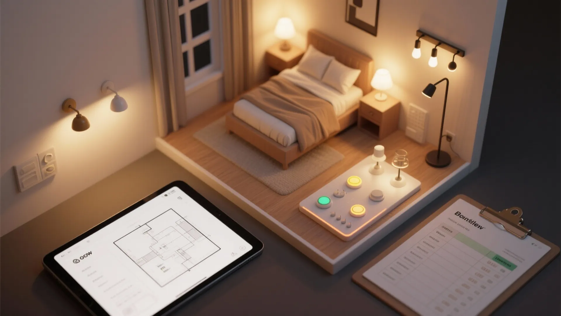 Small bedroom interior design model with floor plan on tablet and various warm light fixtures