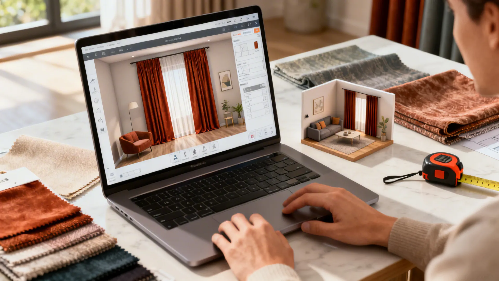 Designer using an online room planner with rust curtain swatches and measuring tools.