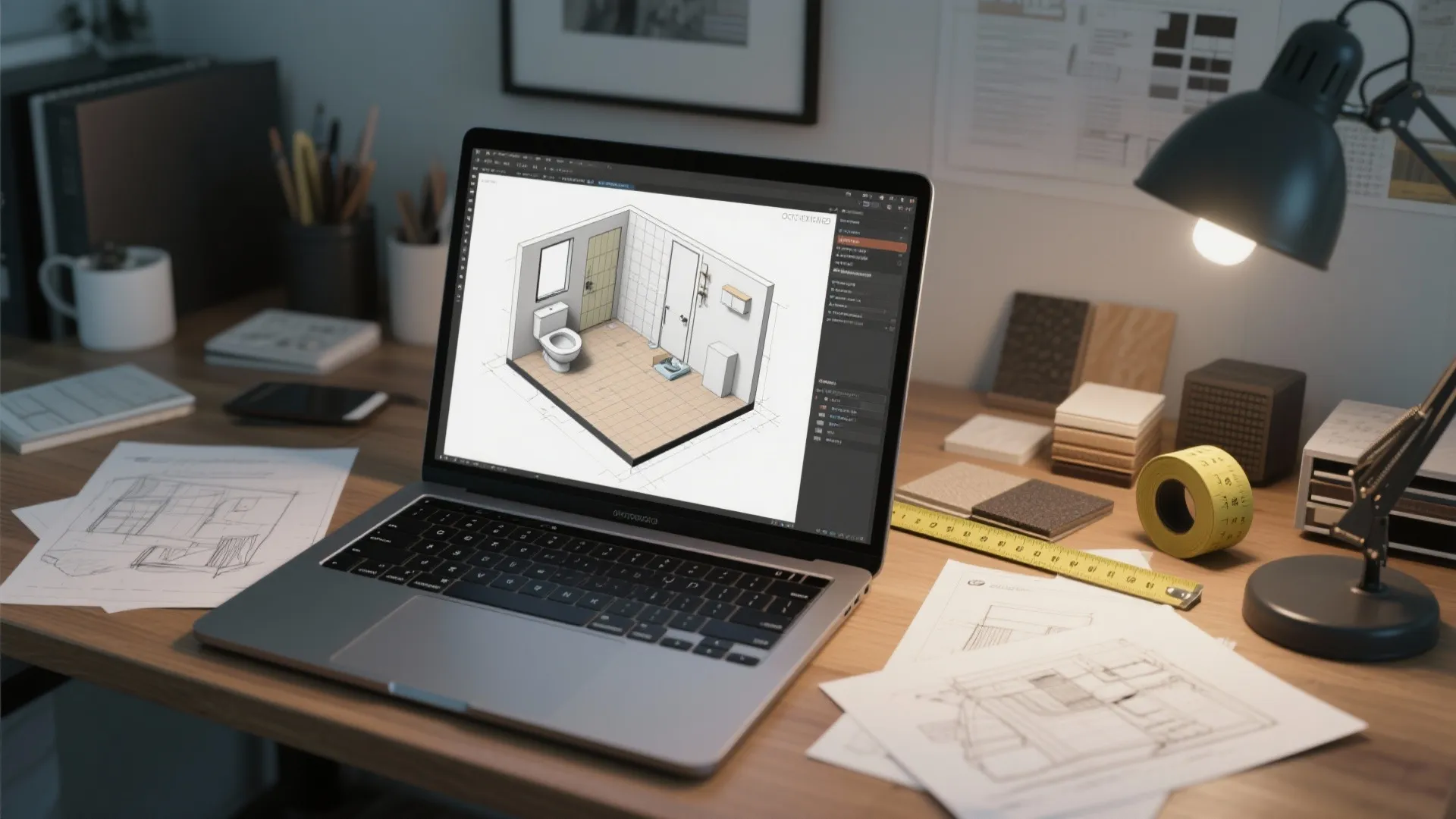 Laptop on a desk showing a 3D interior design drawing with sketches and desk lamp
