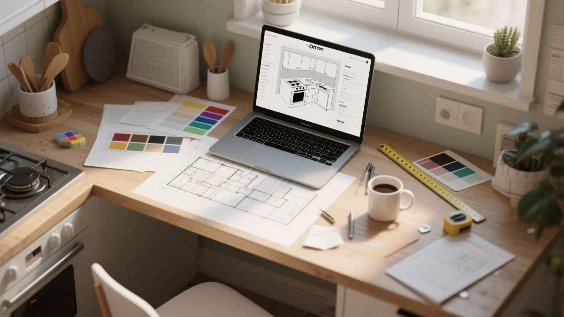 Top-down view of a kitchen planning desk with 3D planner, swatches, and sketches.