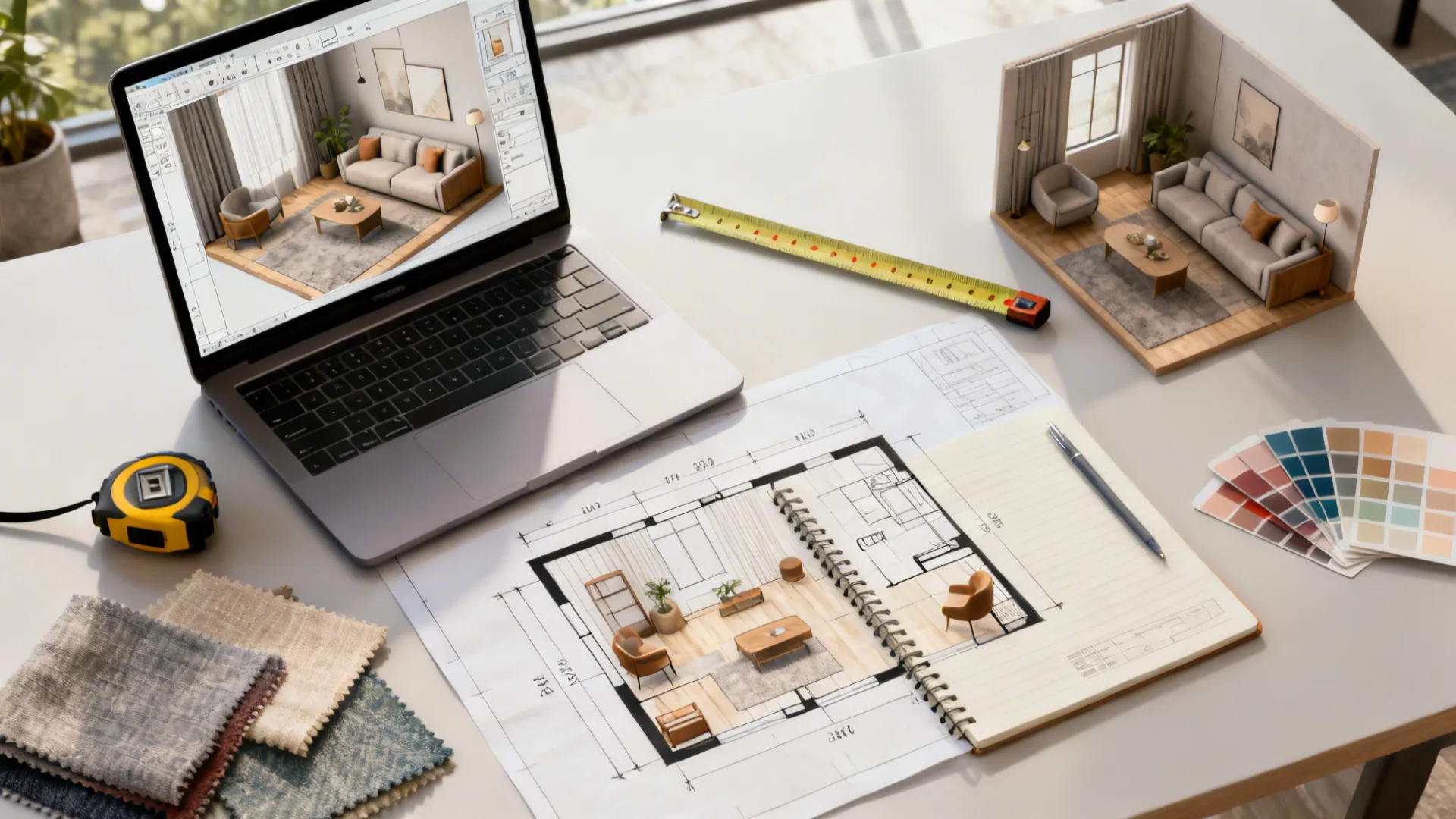 Top-down desk scene showing a 3D floor planner on a laptop with measuring tools and fabric swatches