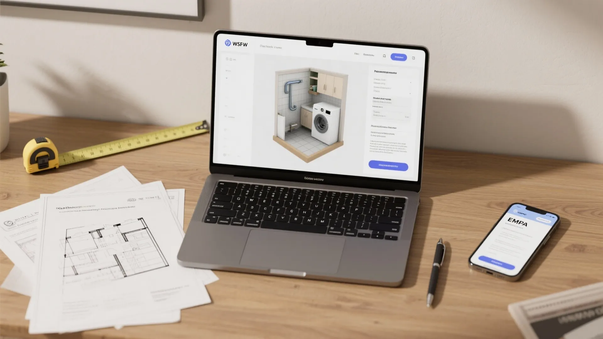 Laptop on a wooden desk showing a laundry room design next to paper floor plan drawings
