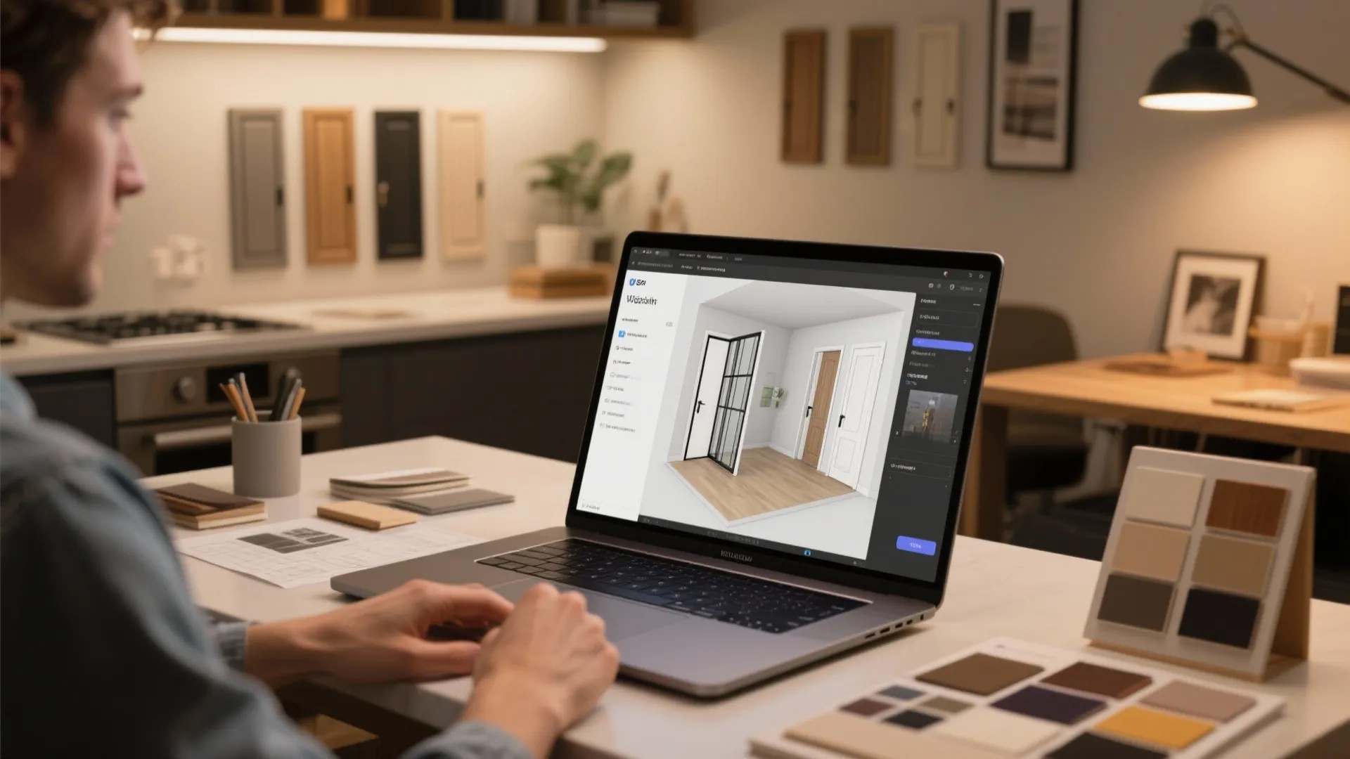 Designer using a 3D room planner on a laptop to compare sliding door layouts with material samples around.