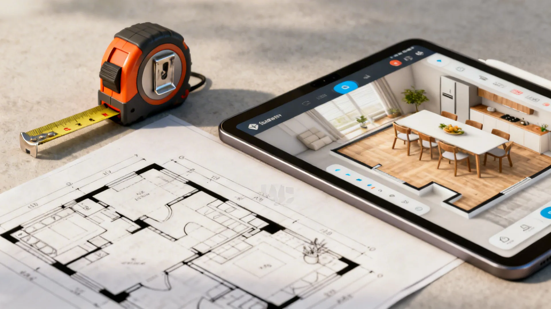 Measuring tape and 3D floor planner on a tablet illustrating layout planning for small dining areas.