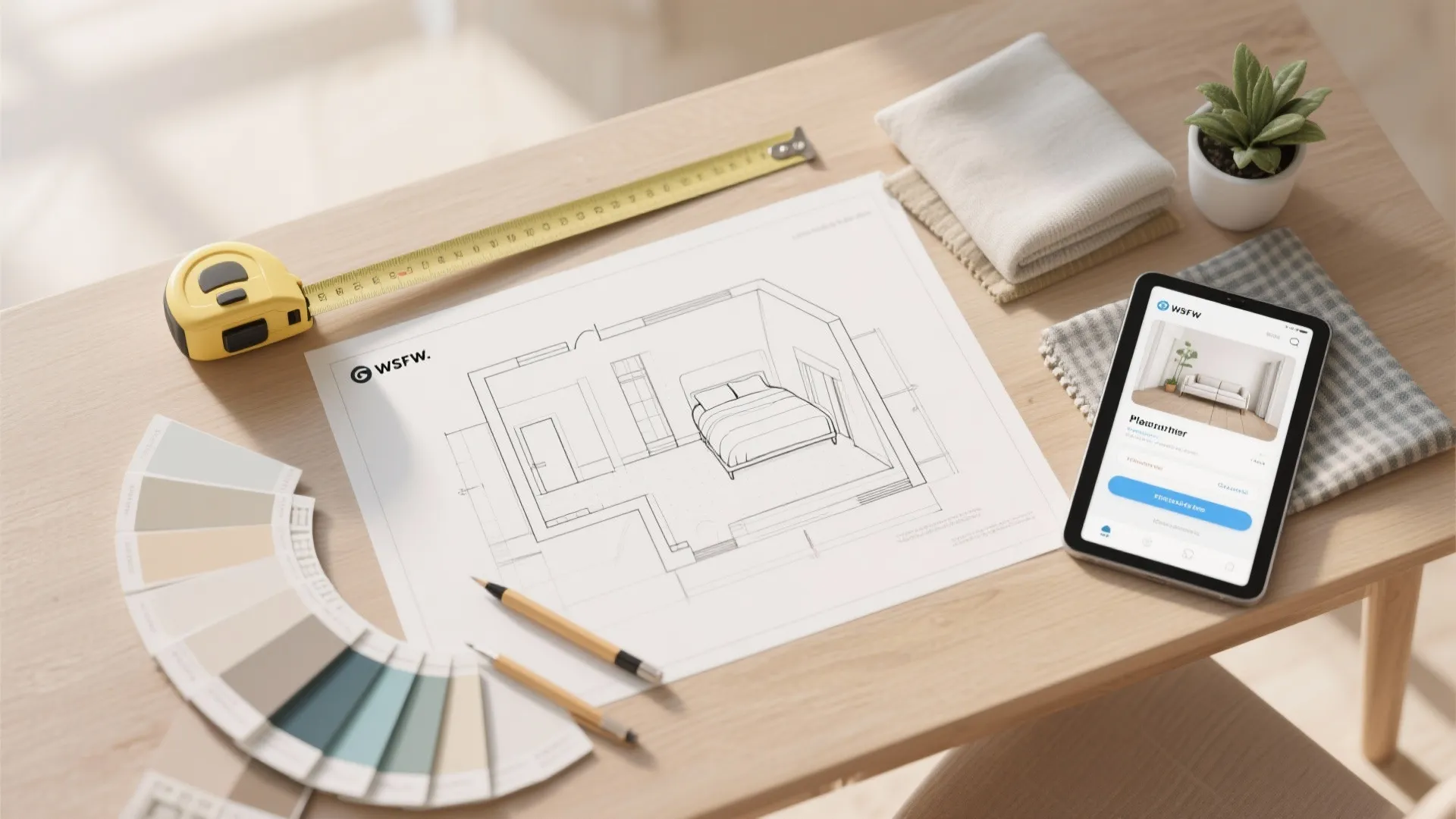 Interior design drawing with tape measure, color swatches, pencils, and mobile phone on wood table