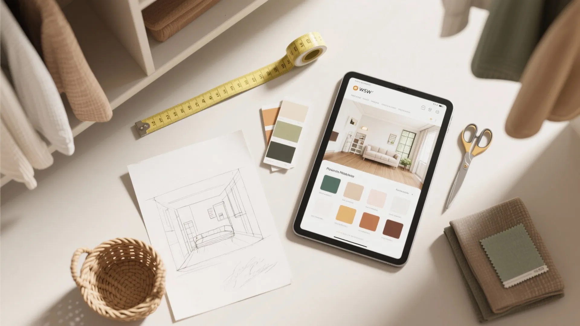 Interior design sketch on table with tablet showing room layout color samples and measuring tape