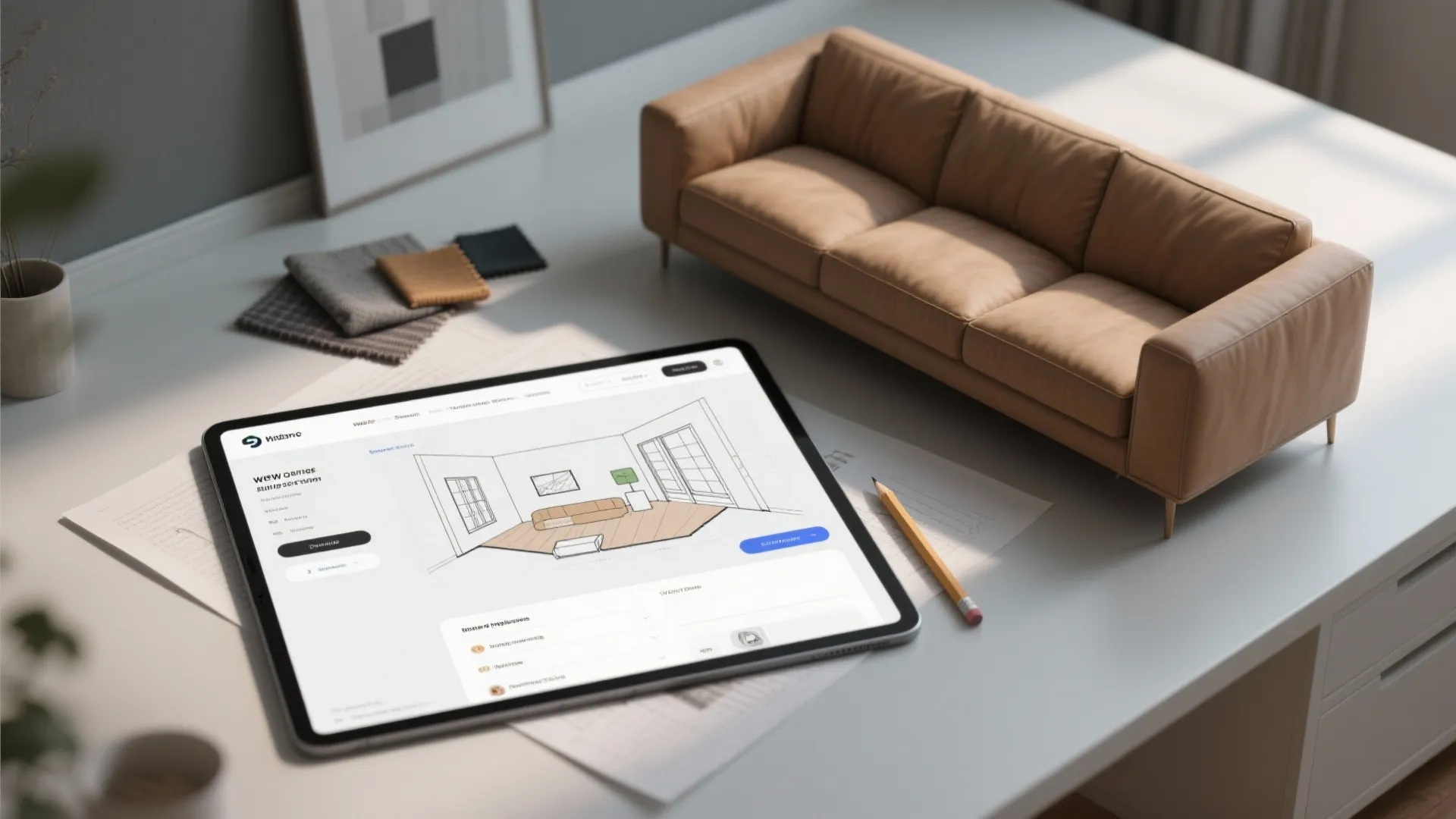 Floor plan sketch and tablet with room planner showing camel and gray layout