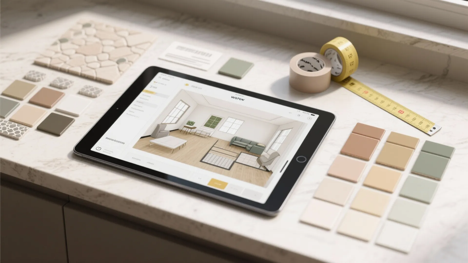 Flatlay of a tablet showing room-planner mockups with paint chips and grout samples for tile color visualization