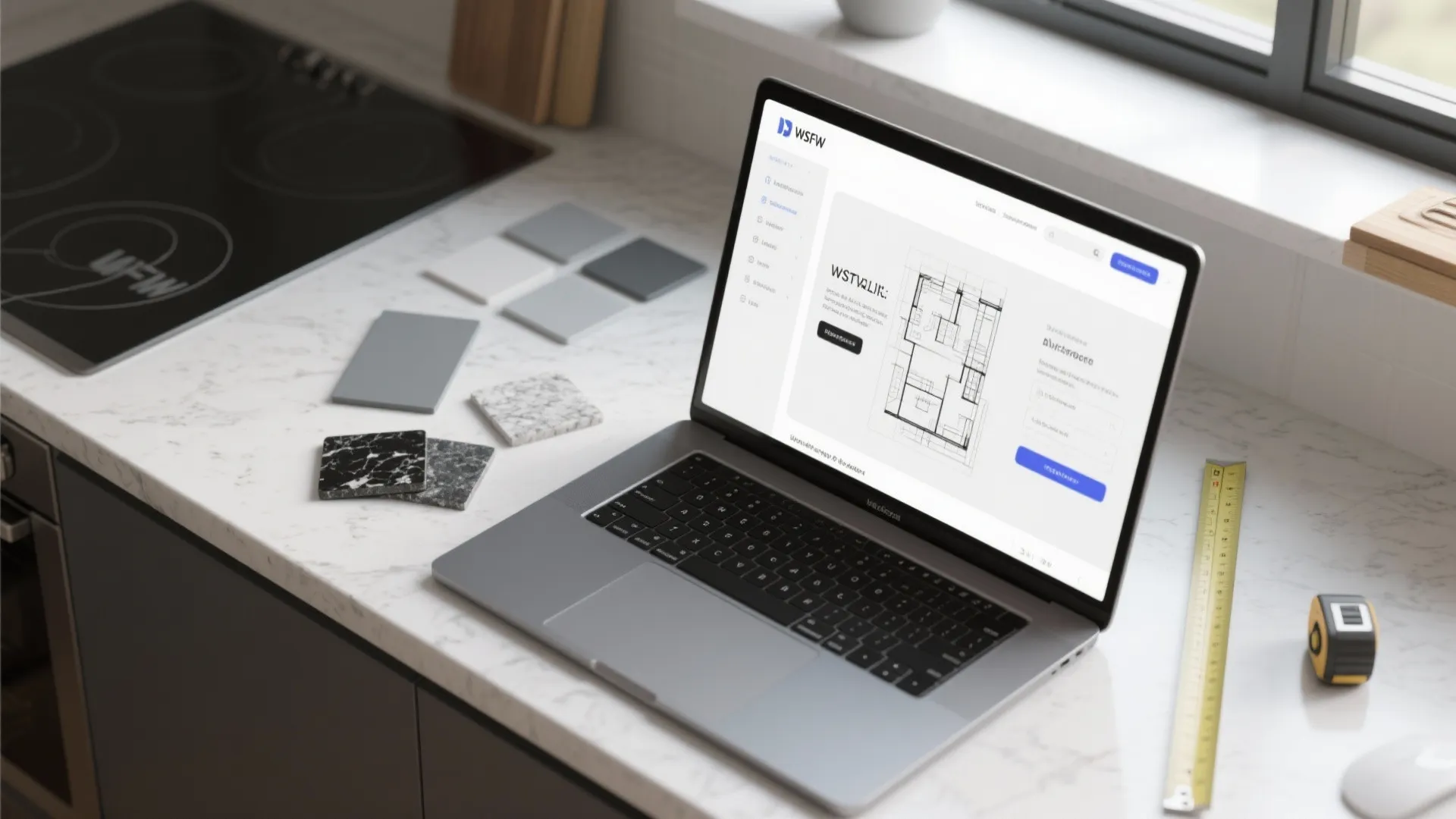 Laptop computer showing interior design drawing on kitchen counter with stone samples and measuring tape