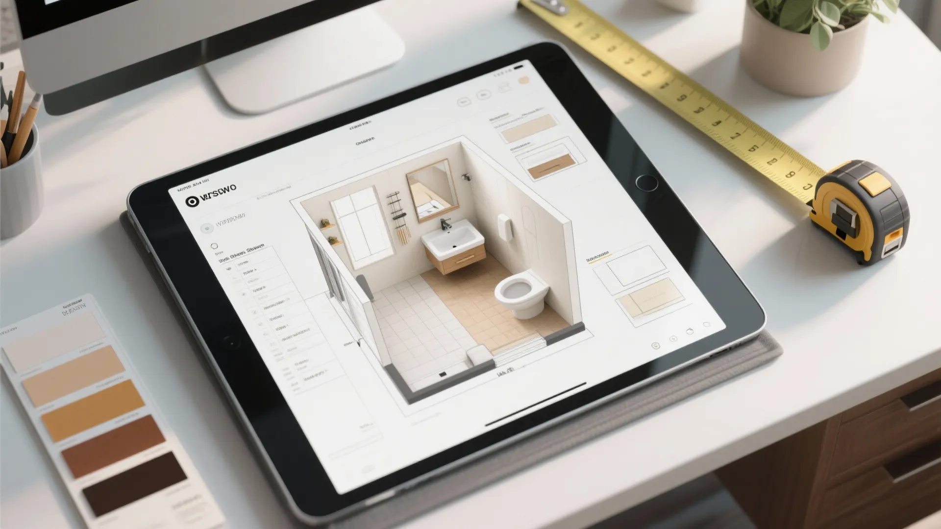 Tablet on desk showing 3D bathroom room layout with tape measure and color sample cards