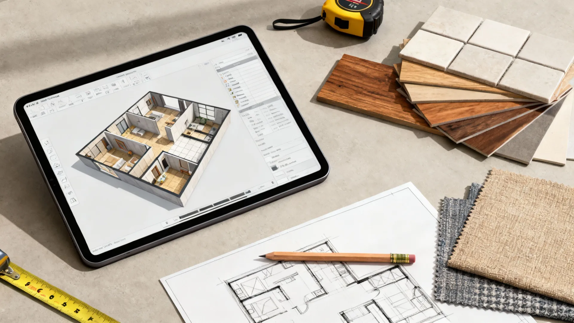 Flatlay of a tablet with 3D floorplan, measuring tape, and material swatches for open-plan design