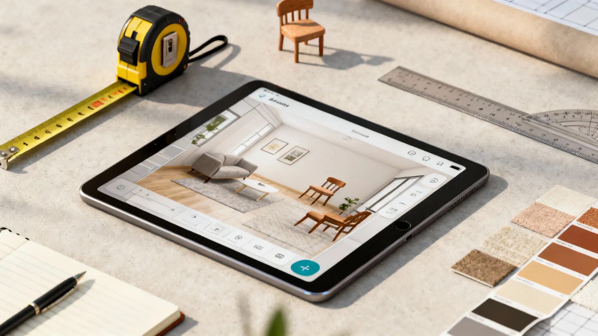 Tablet displaying interior design software next to a tape measure and living room material samples