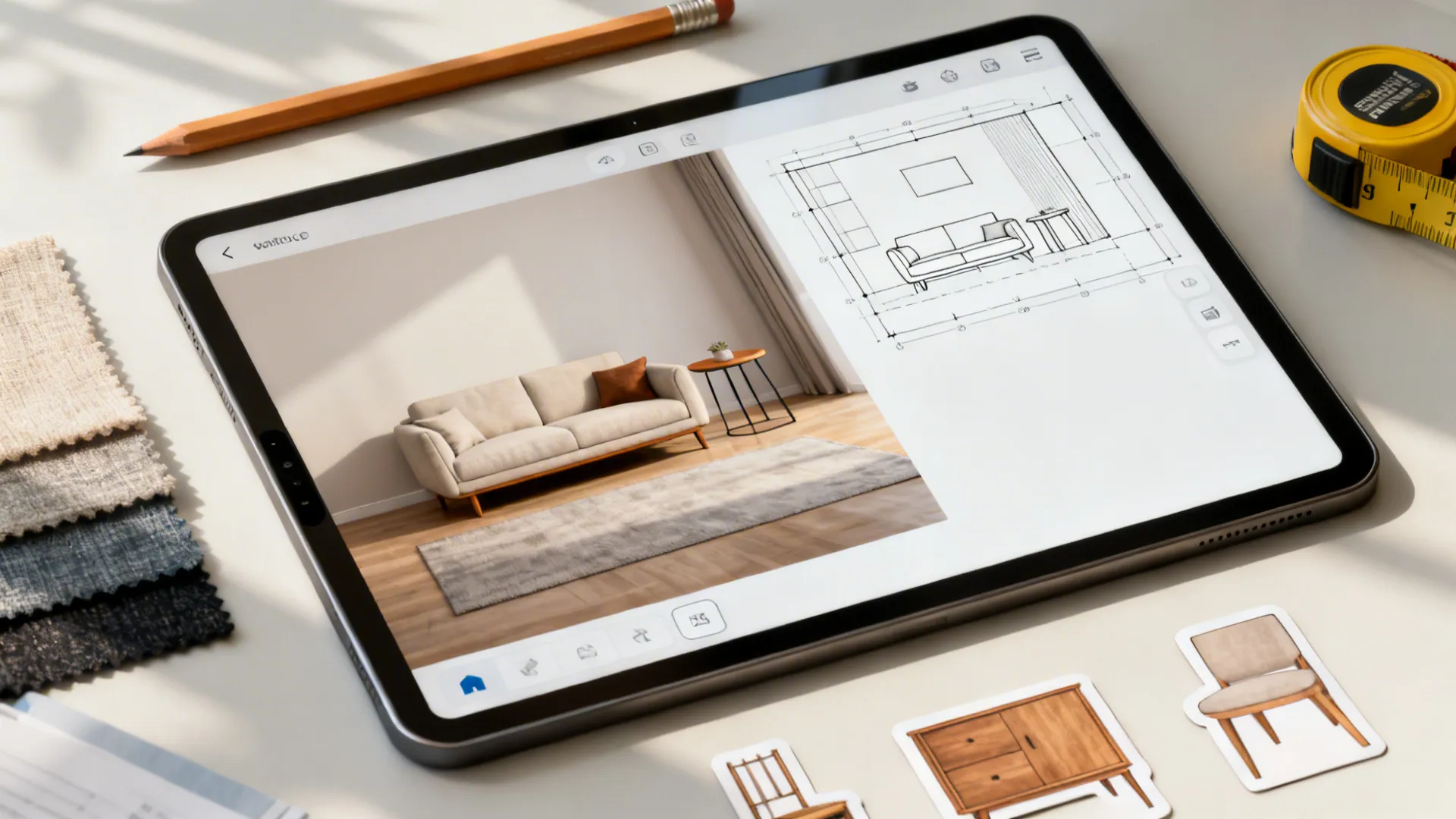 Tablet with an interactive room planner and furniture cutouts showing side table placement