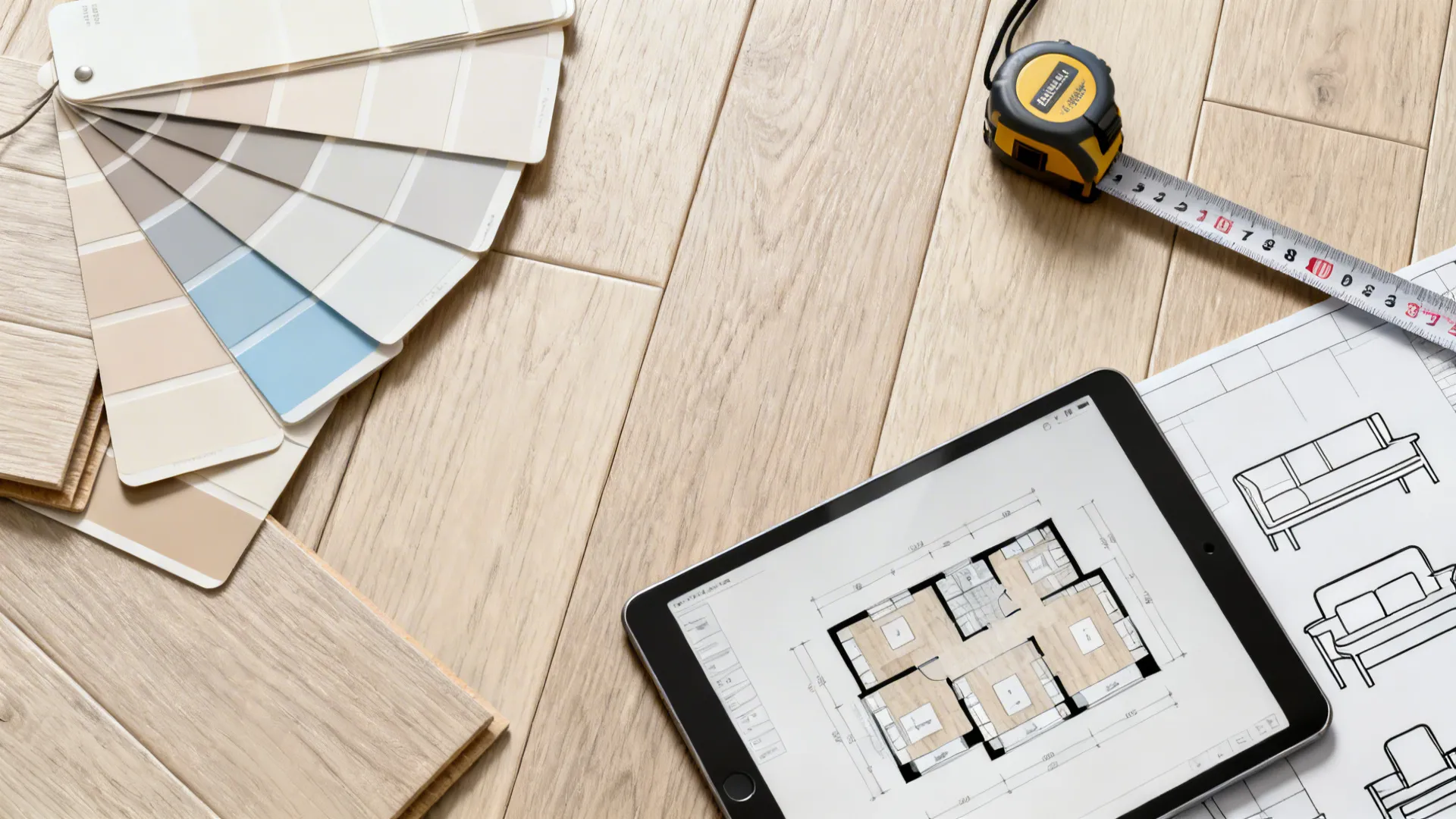 Flatlay with color swatches, wood samples and a tablet showing a room planner mockup