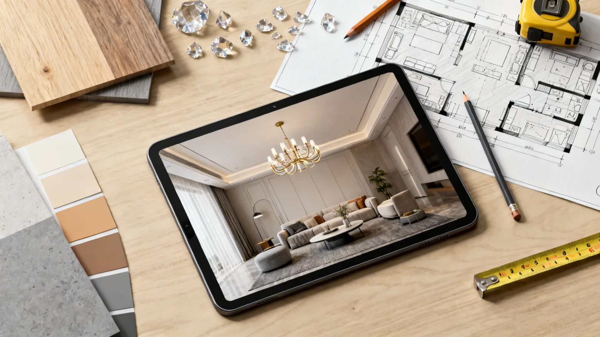 Top-down view of a digital room planner setup with sketches, color swatches, and a chandelier mock-up on a tablet.