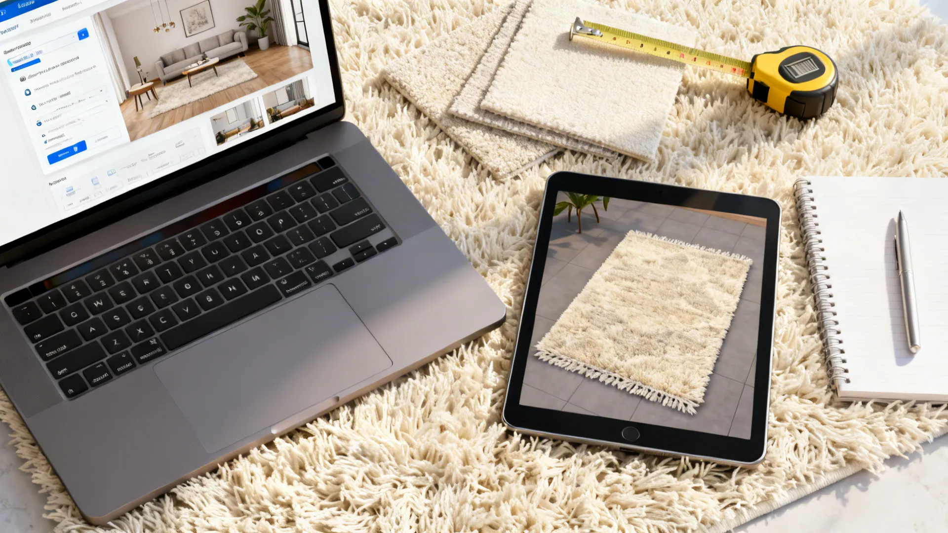 Laptop and tablet showing room designs on a shag rug with measuring tape and notebook