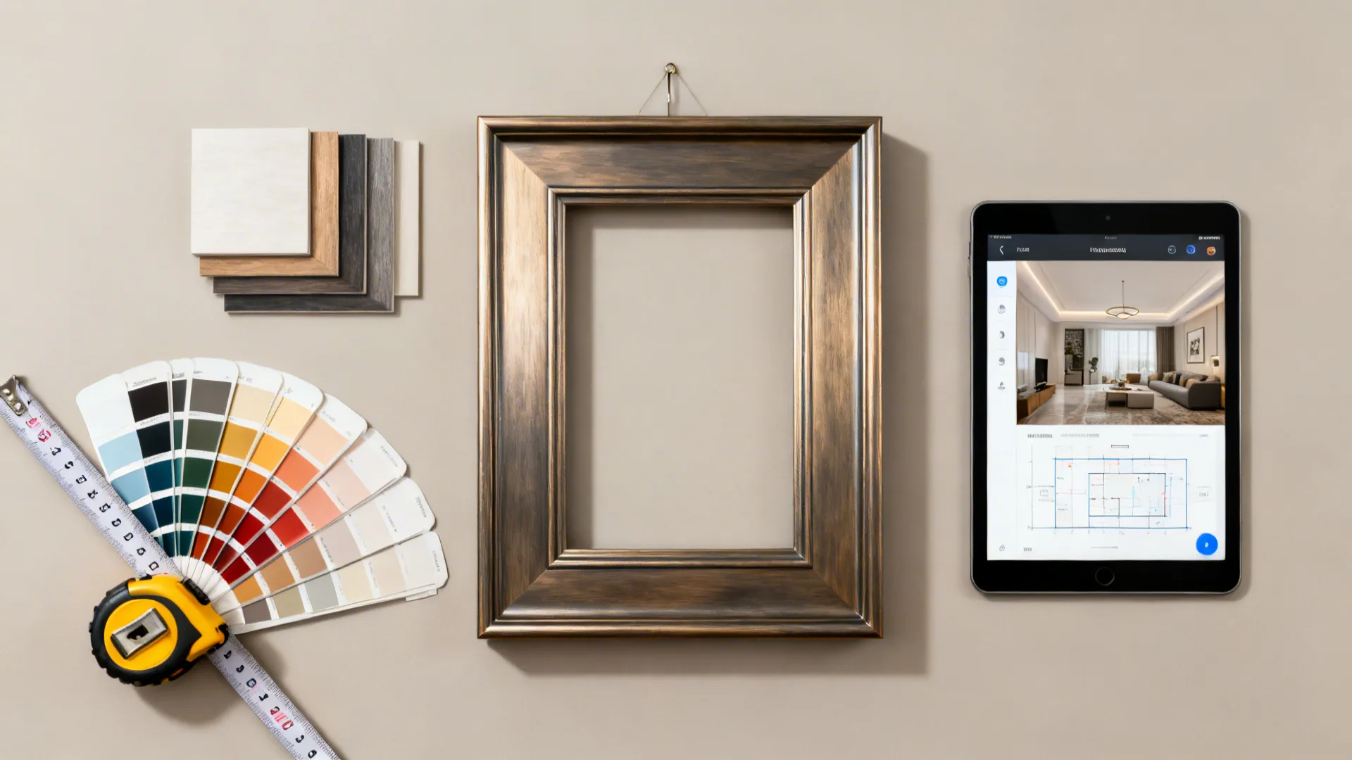 Flatlay with frame samples, measuring tape, and a room planner app for arranging art.