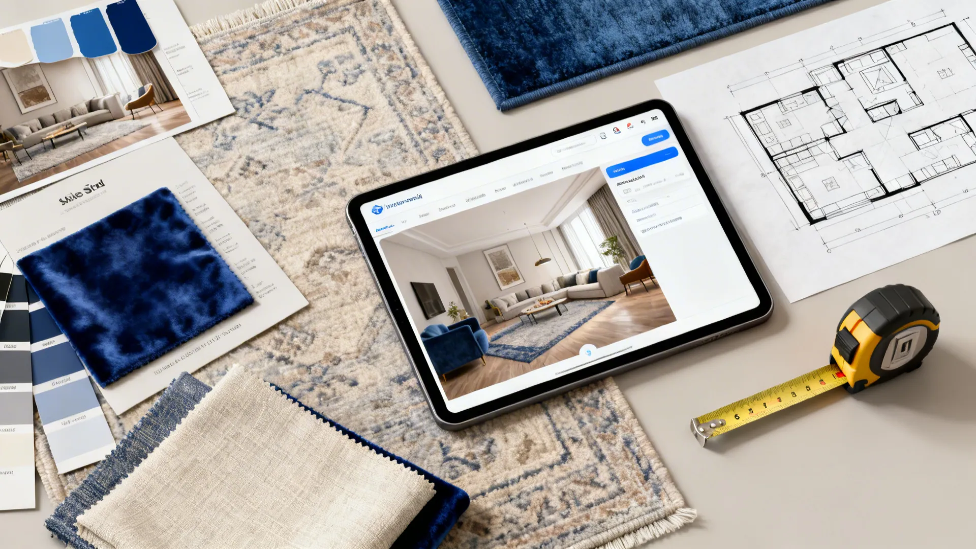 Flatlay of a room planner on a tablet, rug swatches, paint chips and fabric samples for layout planning.