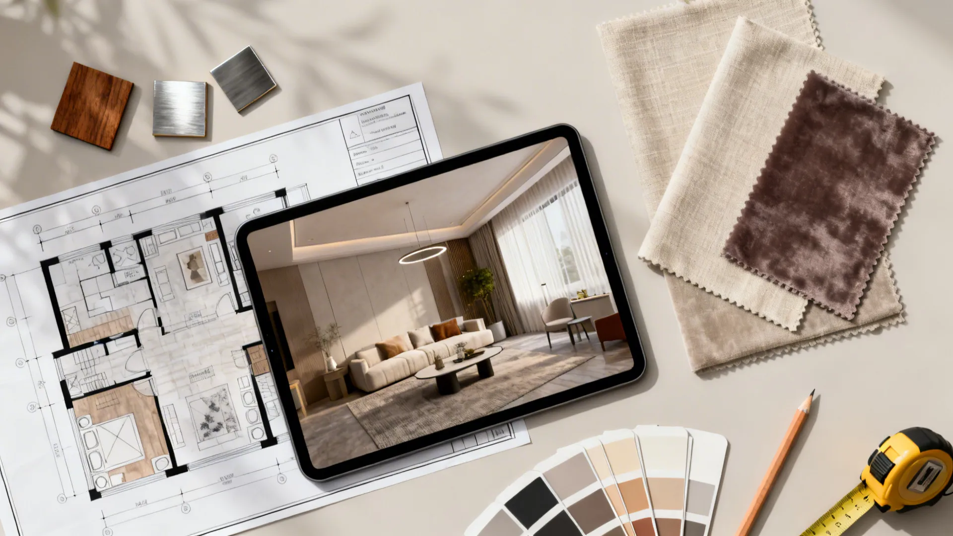 Top-down view of a room planner, fabric swatches, and material samples used for layout mockups.