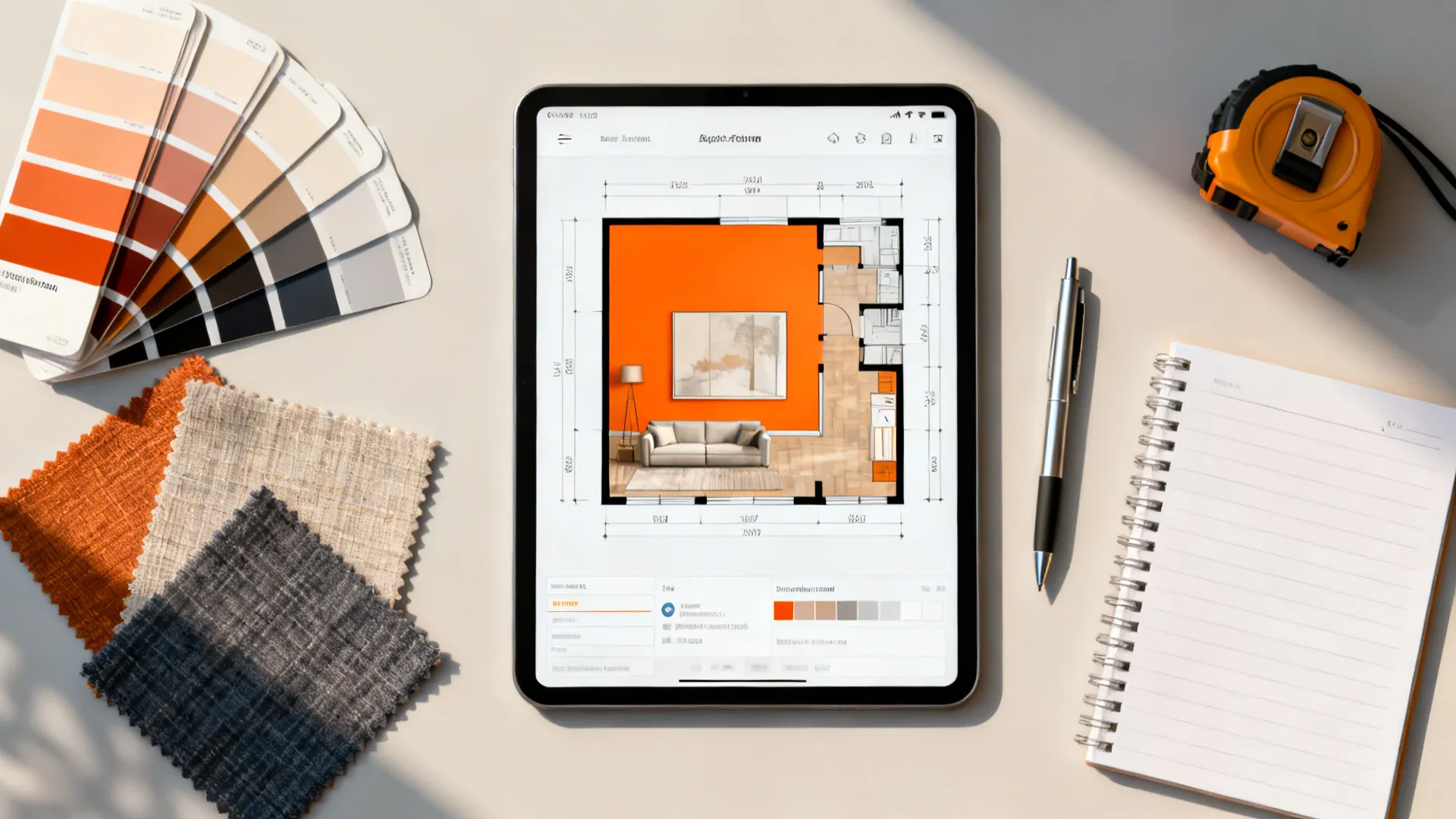 Flatlay of a digital room planner, paint swatches and fabric samples for testing an orange wall