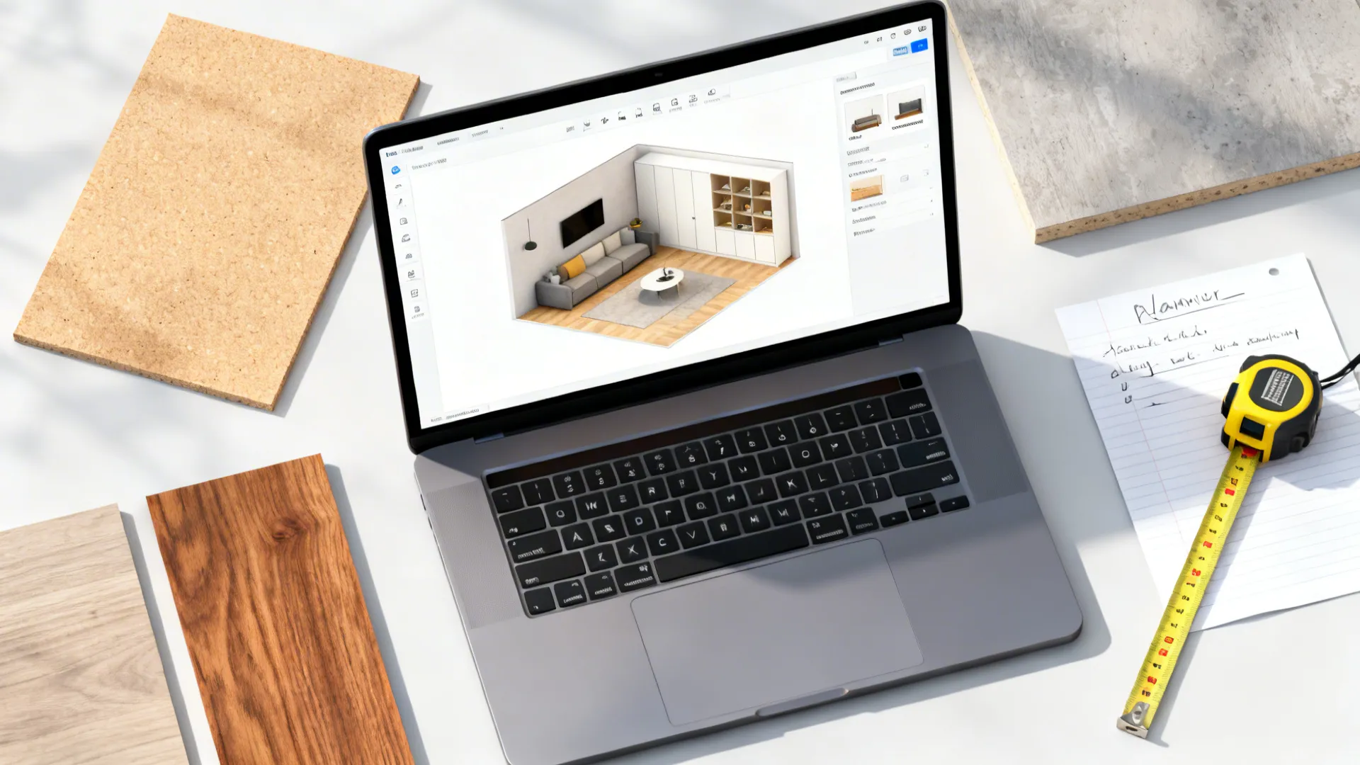 Top-down view of a laptop 3D planner with cabinet samples, tape measure and notes for planning built-ins.