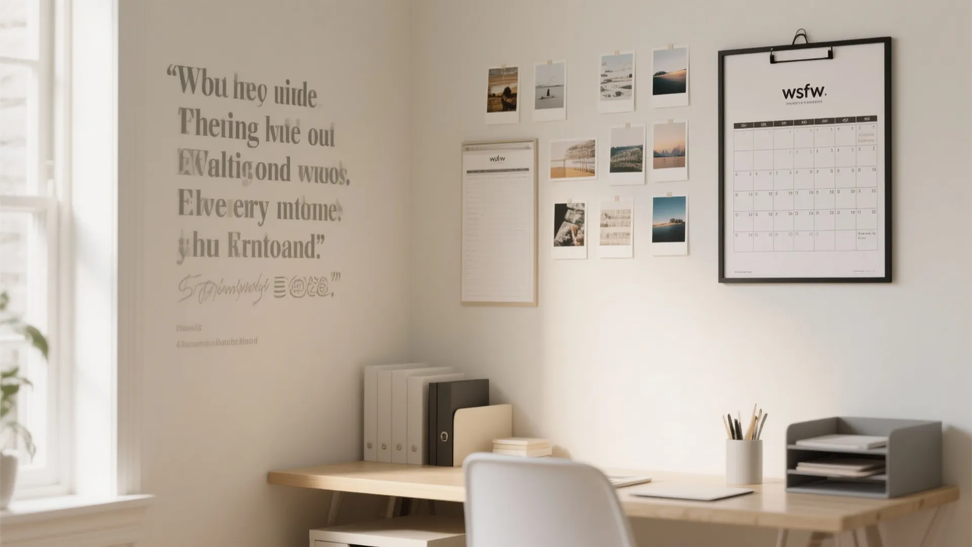 Study corner with quotes, planner, and frame decals forming a renter-friendly gallery wall