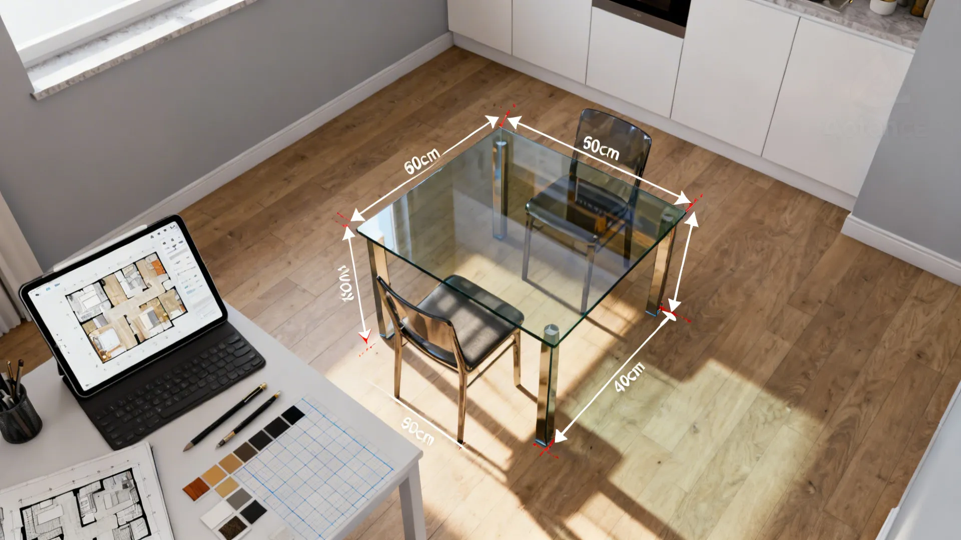3D floor planner on a tablet showing glass table placement and chair clearance.