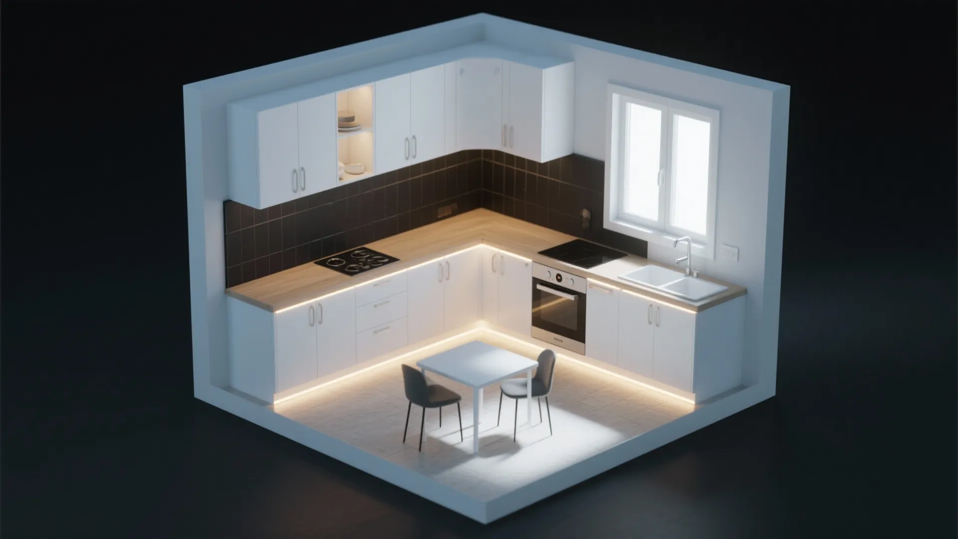 Top-down kitchen planner view showing LED under-cabinet lighting lifting white cabinets and a black backsplash