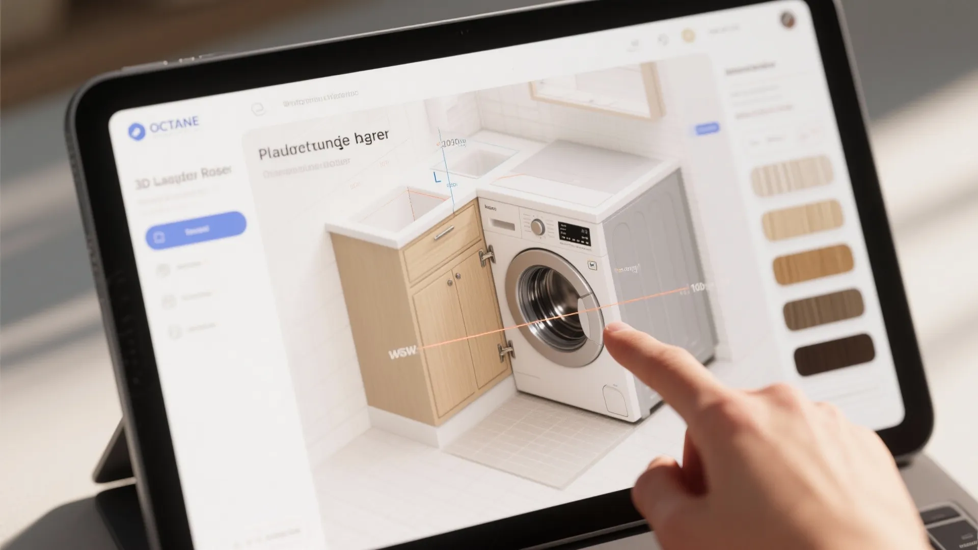 Hand using a tablet to design a room layout with a washing machine and cabinet