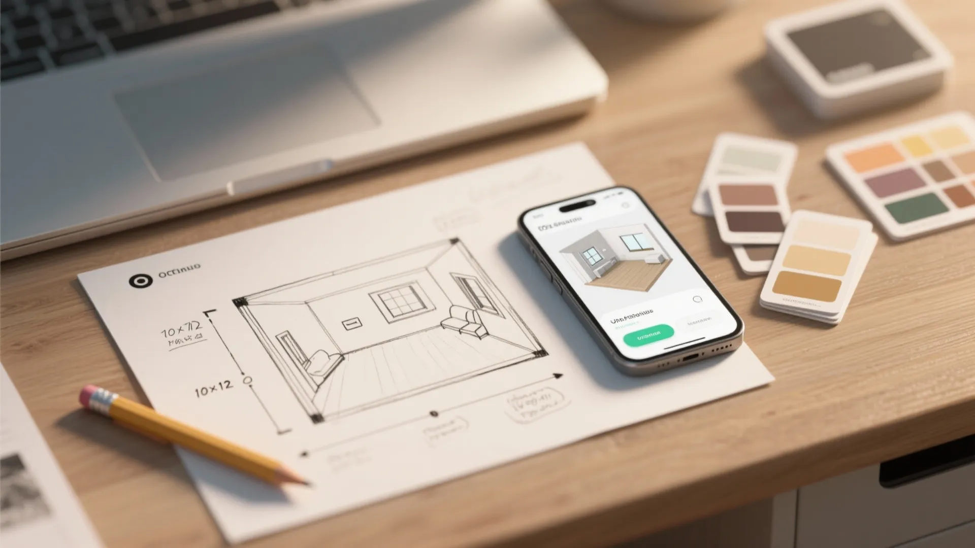 Interior design drawing on paper with pencil, smartphone showing 3D room model, and color swatches