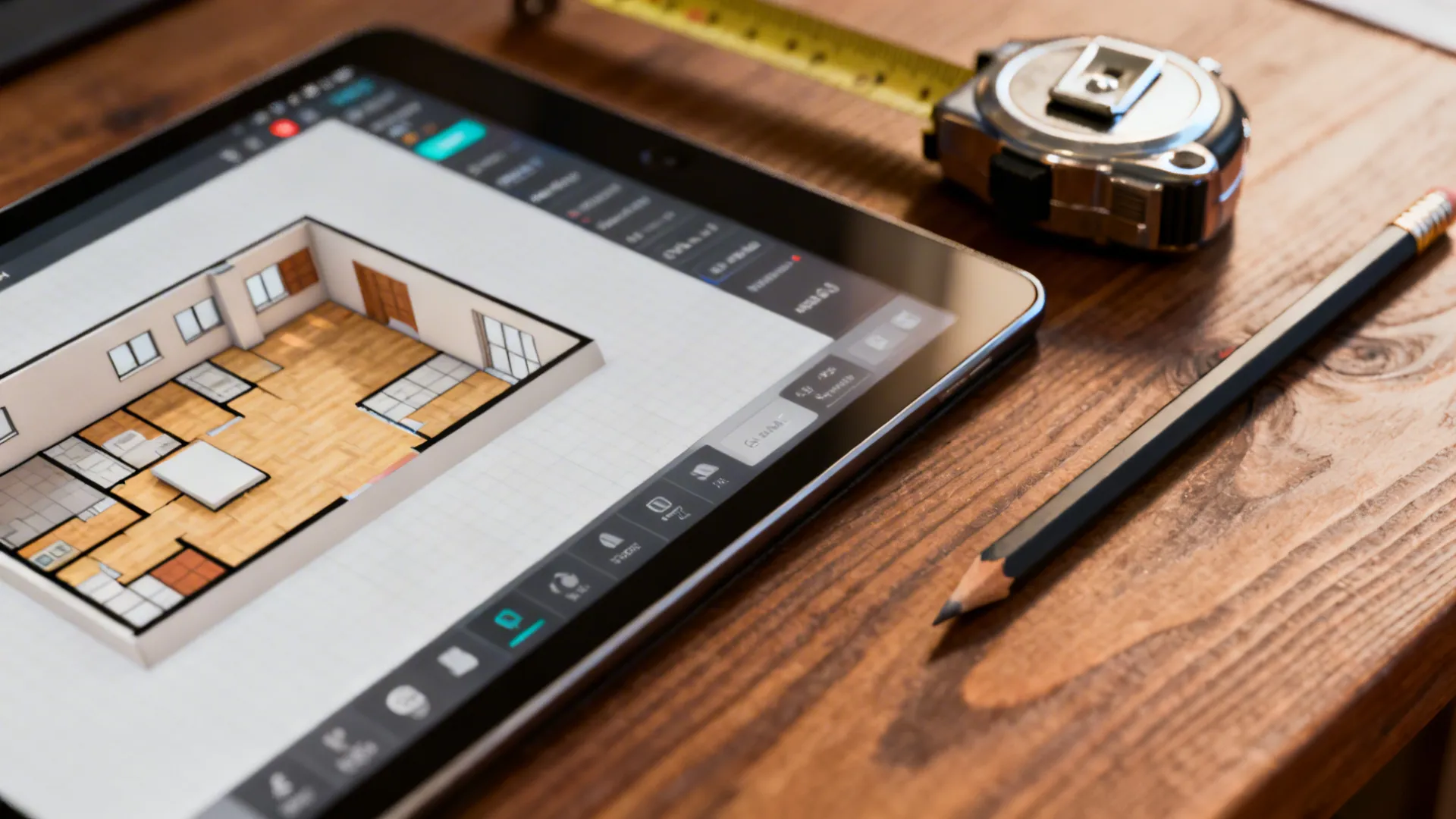 Macro view of a tablet with a 3D floor planner and a measuring tape on a desk.