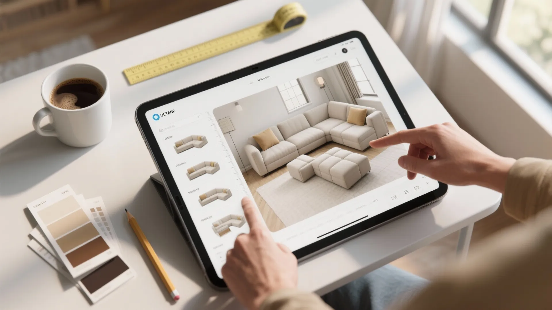 Hands using tablet to select a sectional sofa design from an interior design software interface
