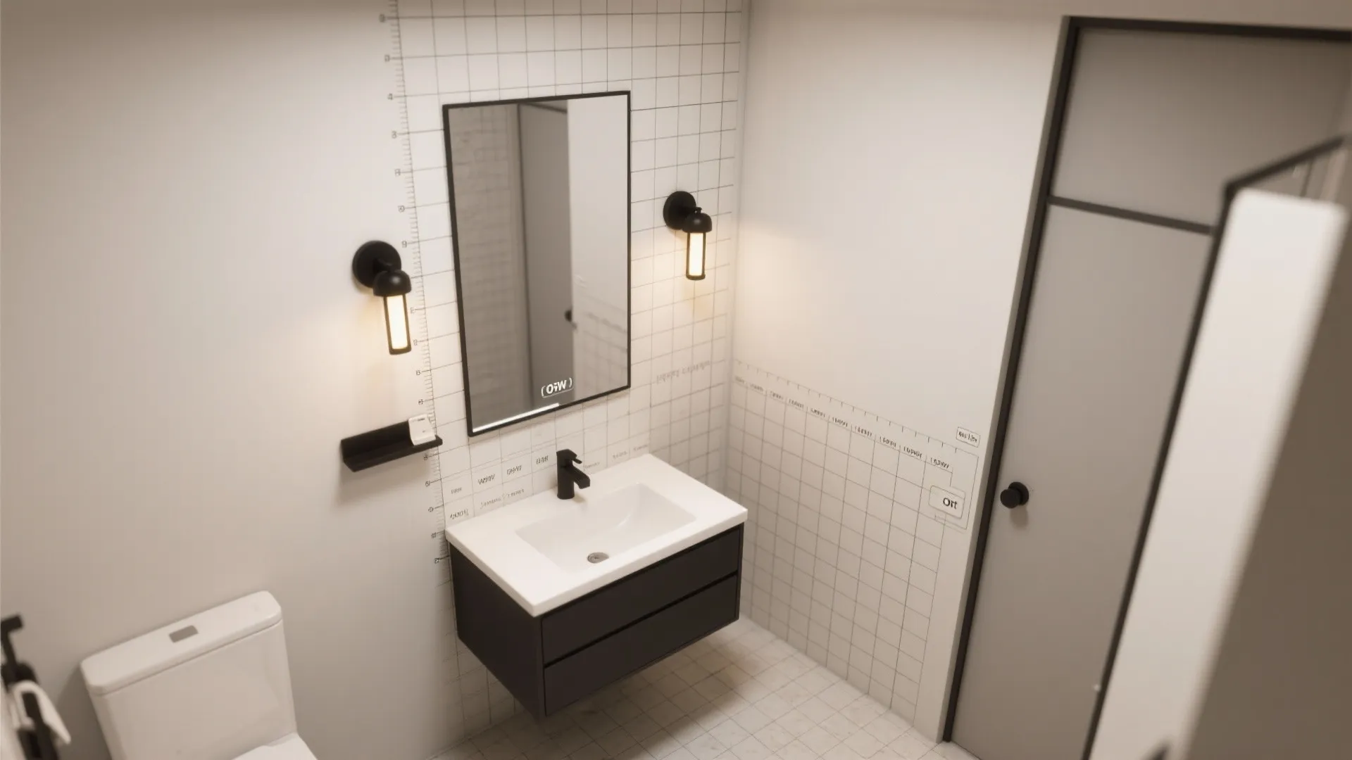 3D room planner mockup showing black sconce placement beside a bathroom mirror.